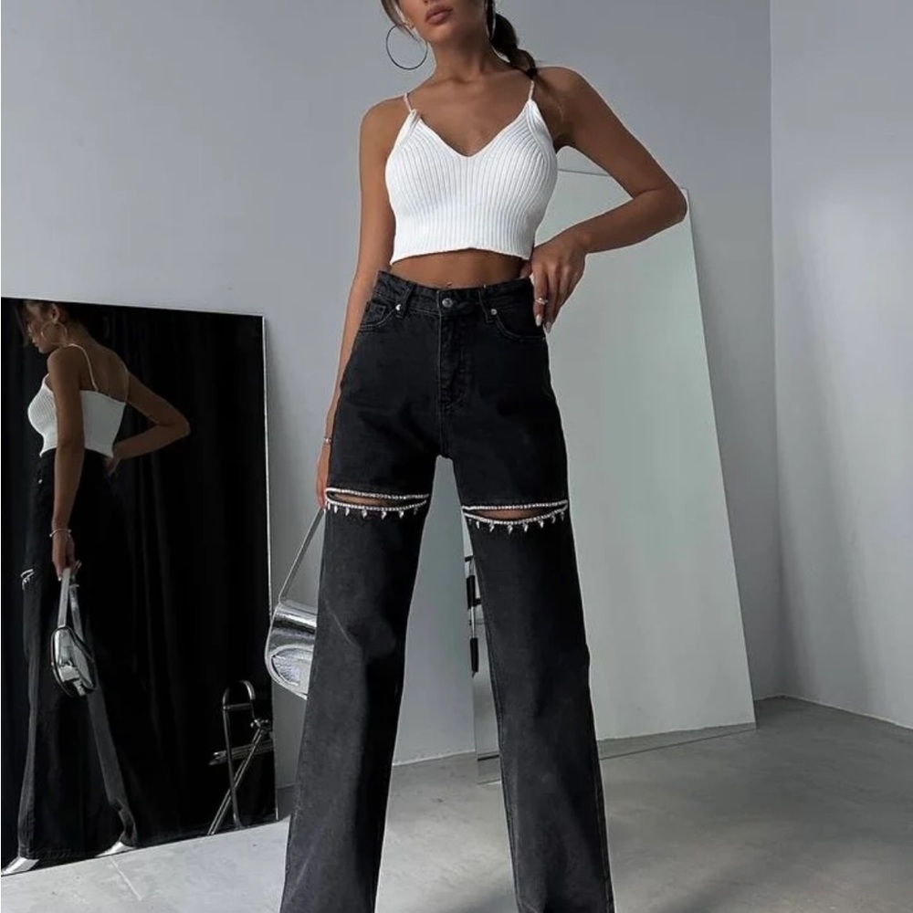 Black High Rise Wide-Leg Jeans with Knee Cutouts